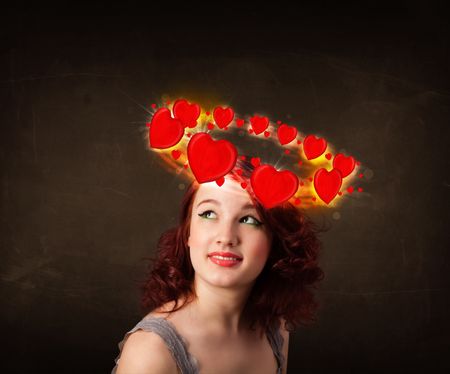 Pretty teenager with heart illustrations circleing around her head 