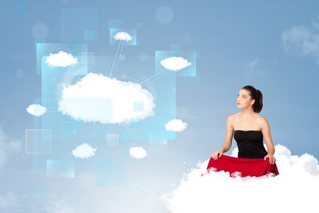 Happy young girl looking at modern cloud network