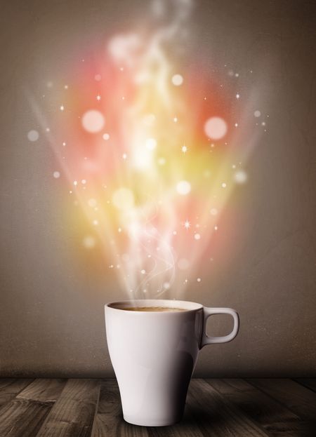 Coffee mug with abstract steam and colorful lights, close up