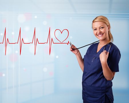 Beautiful young nurse listening to abstract pulse with red heart