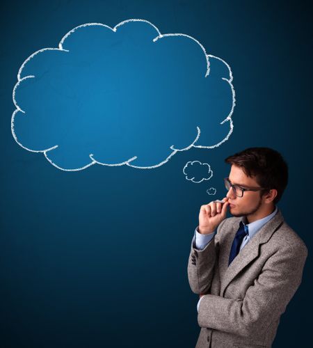 Attractive young man smoking cigarette with idea cloud
