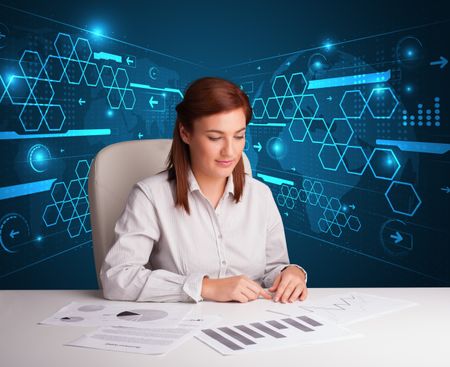 Young businesswoman doing paperwork with futuristic background