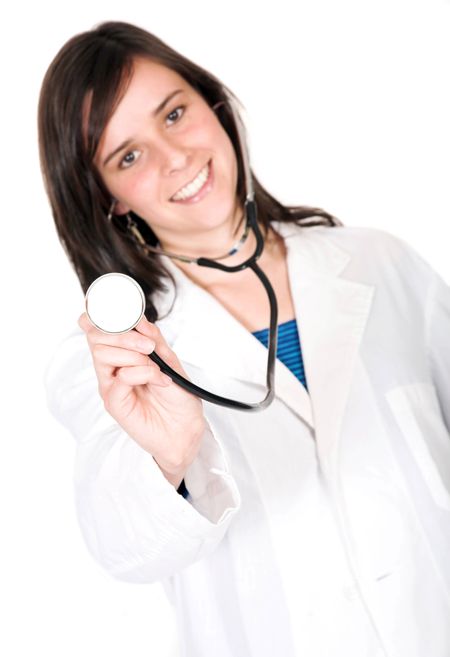 beautiful young doctor over white - focus on end of stethoscope