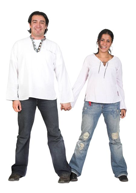 casual couple in white holding hands - over a pure white background