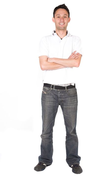 casual guy in white top and jeans over white