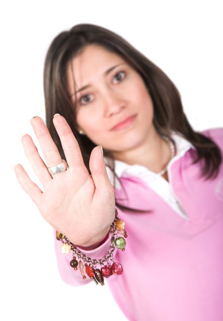 casual woman with hand in front over white
