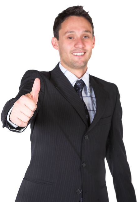 business man thumbs up over white
