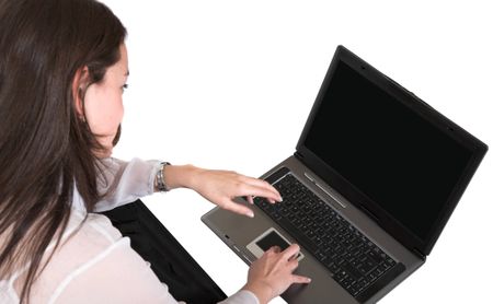 business woman on laptop over white - focus on keyboard