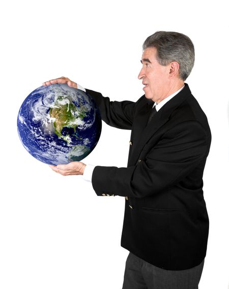 business man holding globe over white - globe taken from http://www.nasa.gov