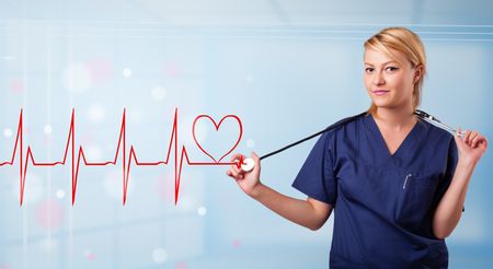 Beautiful young nurse listening to abstract pulse with red heart