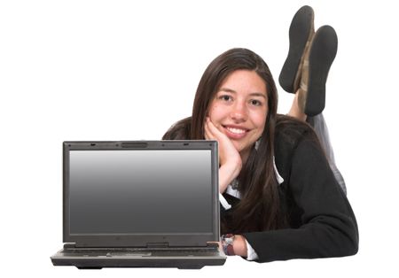 beautiful business woman with laptop over white