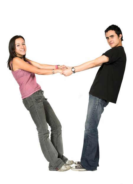 couple holding hands over white