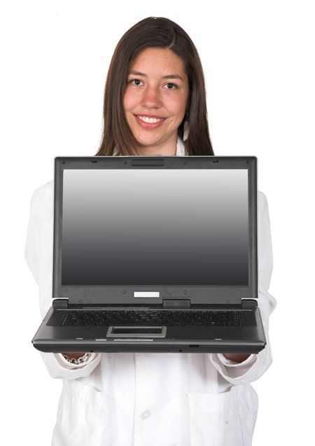 female doctor with laptop over white