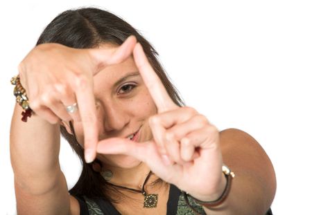 girl doing a hand frame over white