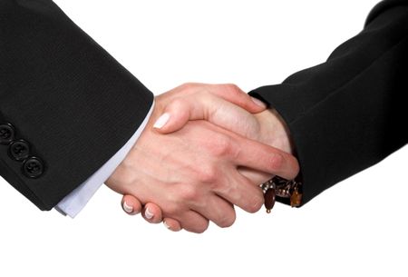business man and woman handshake over white