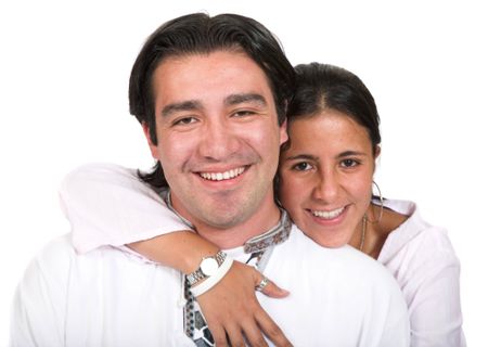 casual happy couple over white background - focus on male