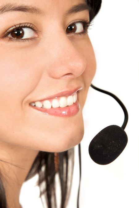 Beautiful Customer Support Girl over white - focus on mouth