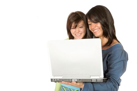 beautiful girls with a laptop over white