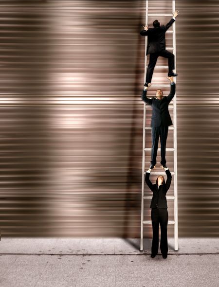three business people climbing the corporate ladder, montage