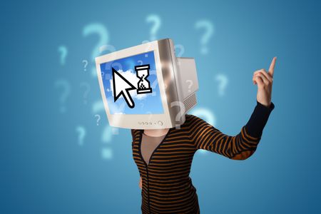 Person with a monitor head and cloud based technology on the screen, blue background
