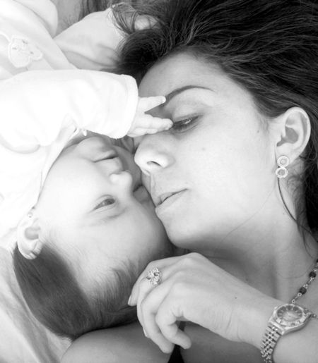 baby and her mum in black and white with soft focus