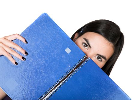 beautiful girl with blue notebook over white