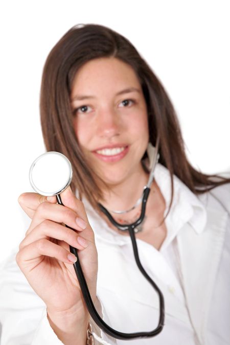friendly female doctor over white - focus on hand