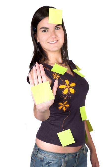 casual girl with lots of tasks to do over white - focus on hand