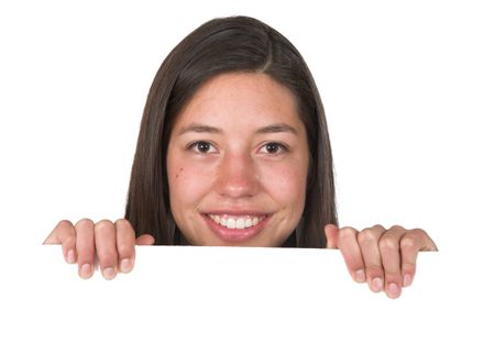 beautiful girl over white card - white background