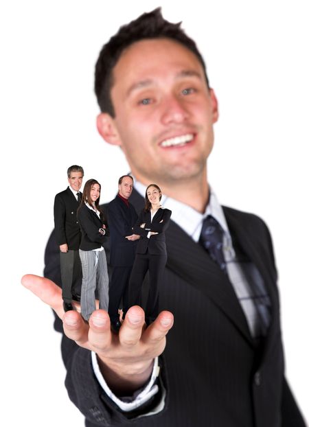 Business man holding his business team over white