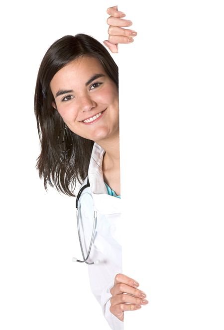 female doctor coming into the frame over white