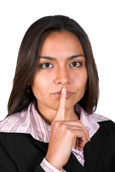 business woman with a finger on her mouth - over white