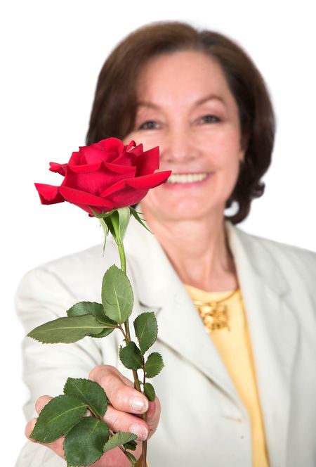 business woman offering flower over white background