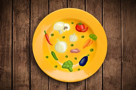 Colorful plate with hand drawn icons, symbols, vegetables and fruits on grungy background