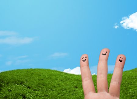 Cheerful happy smiling fingers with landscape scenery at the background