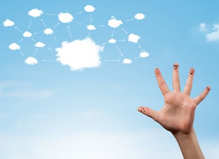 finger smiley faces on hand with cloud network system