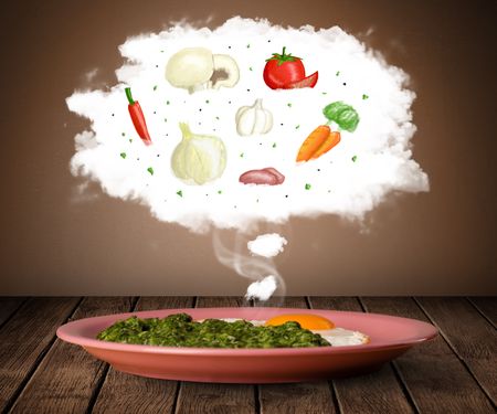 Plate of food with vegetable ingredients illustration in cloud on wood deck 