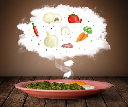 Plate of food with vegetable ingredients illustration in cloud on wood deck