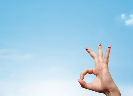 Happy cheerful smiley fingers looking at clear blue sky copyspace