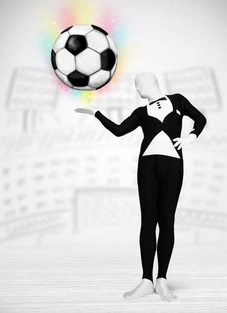 Funny man in full body suit holdig soccer ball