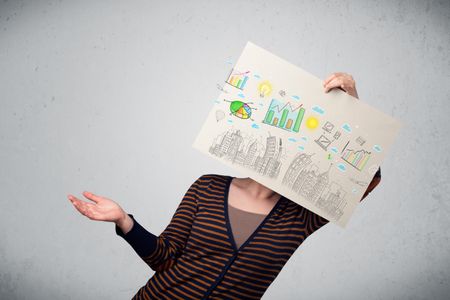 Woman holding a paper in front of her head with charts and cityscape drawing