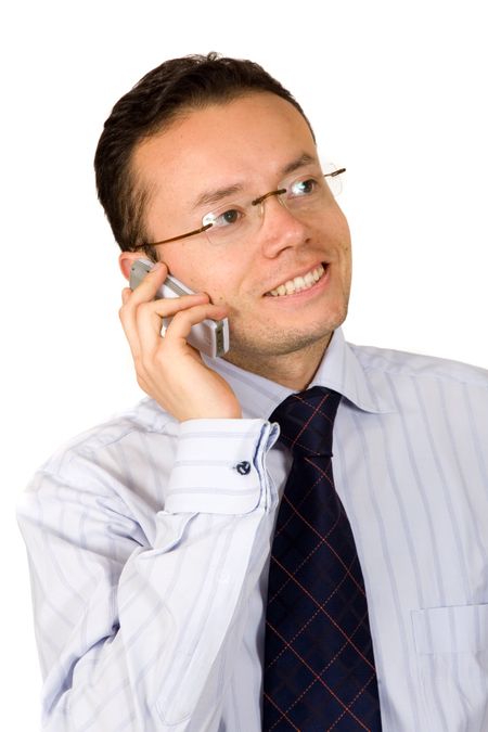 happy business man on the phone over white