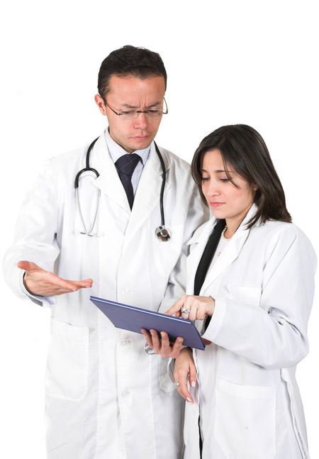 doctors discussing a case over white background