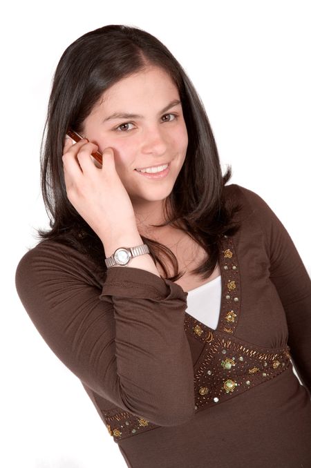 beautiful girl talking on the phone over white in brown