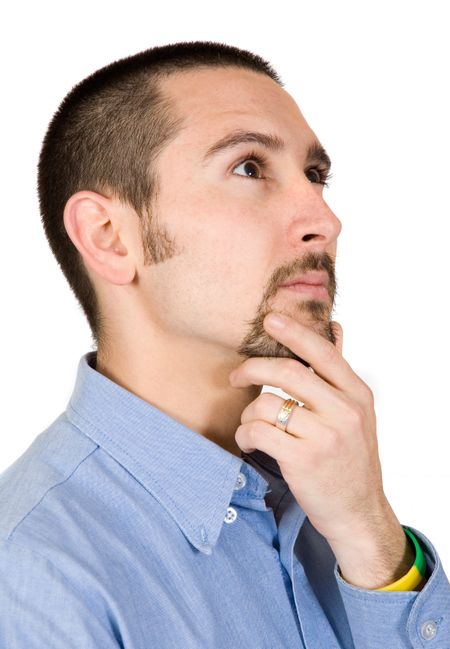 pensive business man over white