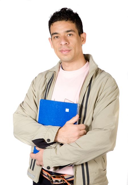 young student holding notebooks over white