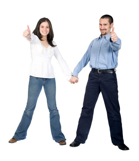 beautiful couple thumbs up over white background