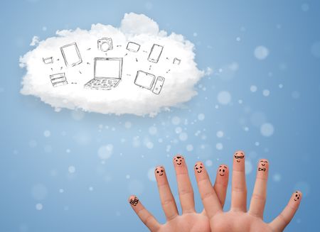 Happy cheerful smiley fingers looking at cloud computing with technology icons