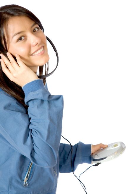 girl listening to music on a cd player over white