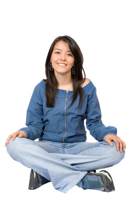 Casual Female Portrait over white sitting on the floor